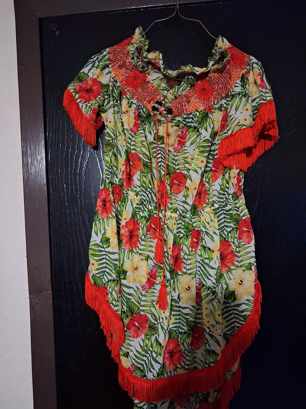 XOXO Tropical Floral Smocked Tunic with Red Fringe Highlow Size XL